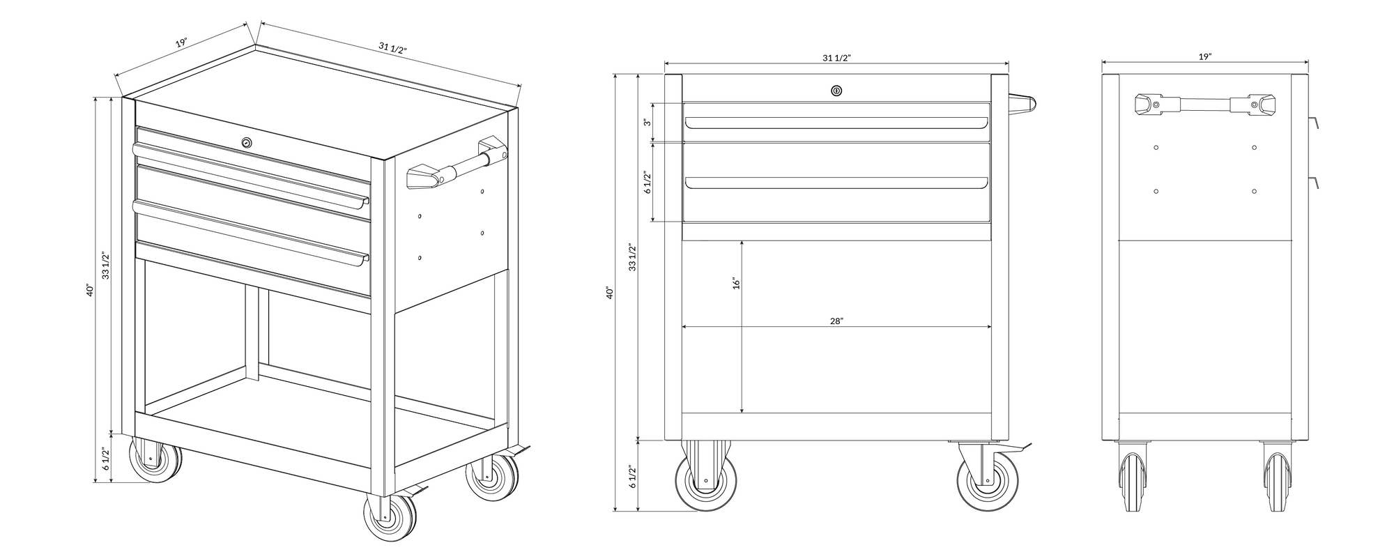Technical drawing of a tool cart with dimensions on a white background