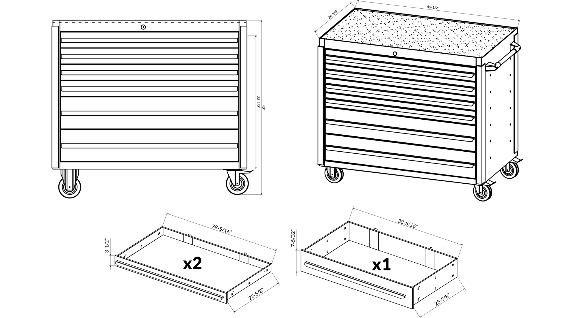 Technical drawing of a tool cabinet with dimensions and components on a white background