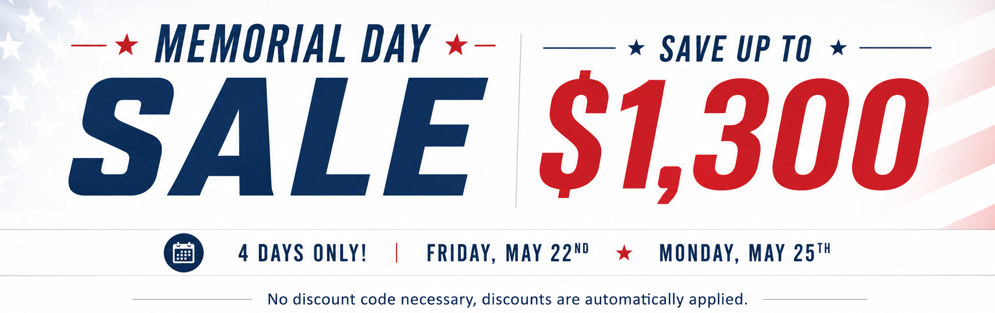 Memorial Day sale advertisement with text and stars on a white background